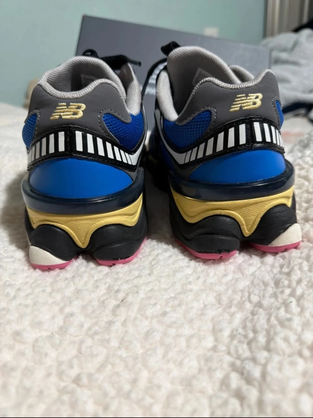 New Balance Kids Royal Blue Sneakers with Pink and Yellow Accents